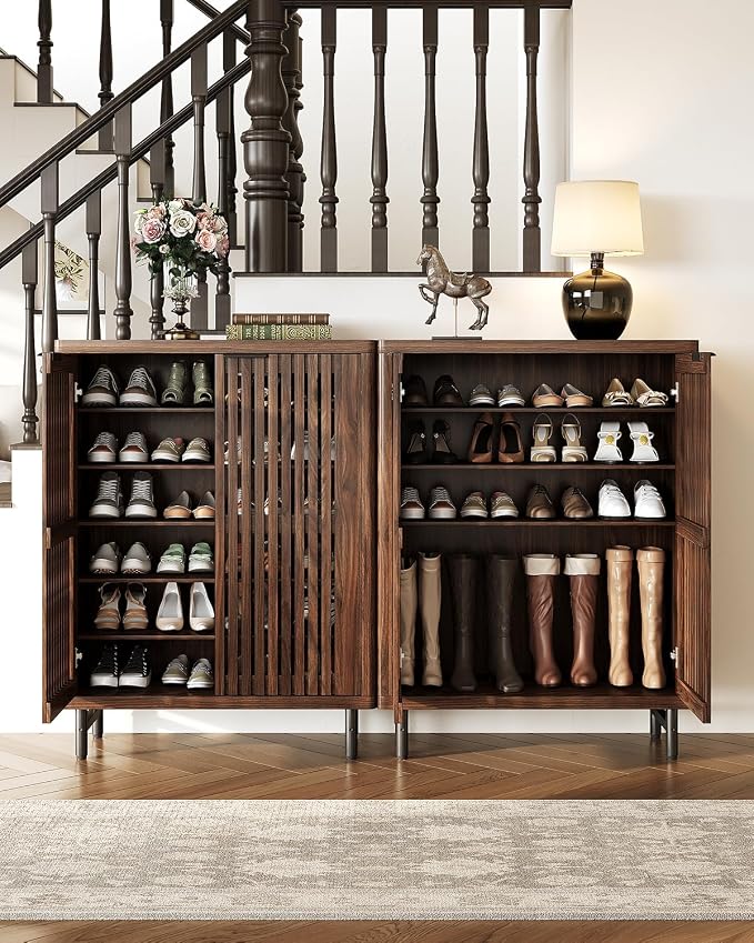 LITTLE TREE 6-Tier Shoe Cabinet with Doors for Up to 24 Pairs, Large Wooden Shoe Storage Cabinet with Adjustable Shelves, Retro Freestanding Shoe Organizer Cabinet for Entryway, Hallway, Dark Walnut
