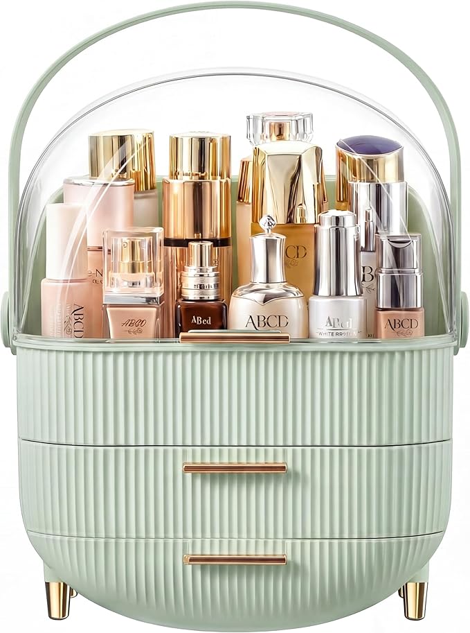 NestOrganix Makeup Organizer Skincare Organizers With Drawers | Cosmetic Display Cases with Transparent Cover, Skincare Organizers for Bathroom Countertop, Bedroom Vanity Desk, Green