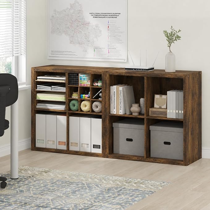 Furinno Cubicle Book Shelf Set of 2, 4-Cube Bookshelf, Amber Pine | 14.6 x 30 x 30, 1.2" Thick Frame Bookcase with Reversible Open Back, for Living Room, Bedroom, Home Office