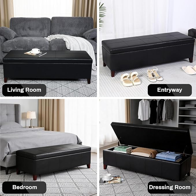 51" Black Faux Leather Storage Ottoman Bench | Foot Rest with Hinged Lid, Long Rectangle Bed Bench for Living Room, Bedroom, Entryway