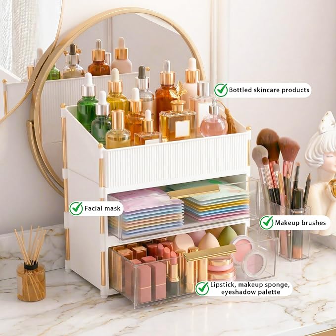 Large Capacity Makeup Organizer Countertop with Brush Holder, Vanity Skincare Perfume Storage Box for Bathroom, Mother's Day Birthday Anniversary Teen Girl Gifts for Women Mom