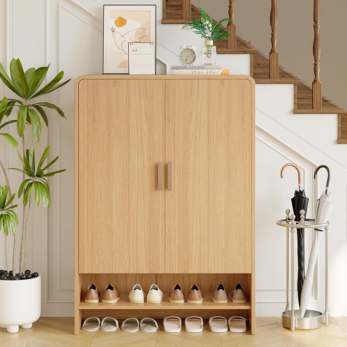 6-Tier Shoe Storage Cabinet, 45'' Large Farmhouse Shoe Cabinet for Entryway, Modern Wooden Shoe Rack Organizer with Doors and Shelves, for Front Door Hallway (Oak)