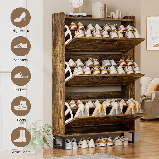 EOYUTLLY Shoe Cabinet Storage for Entryway, Narrow Shoe Rack with 3 Flip Drawers, Freestanding Hidden Shoe Rack Storage Organizer, Slim Shoe Cabinet Rustic Brown with Metal Legs