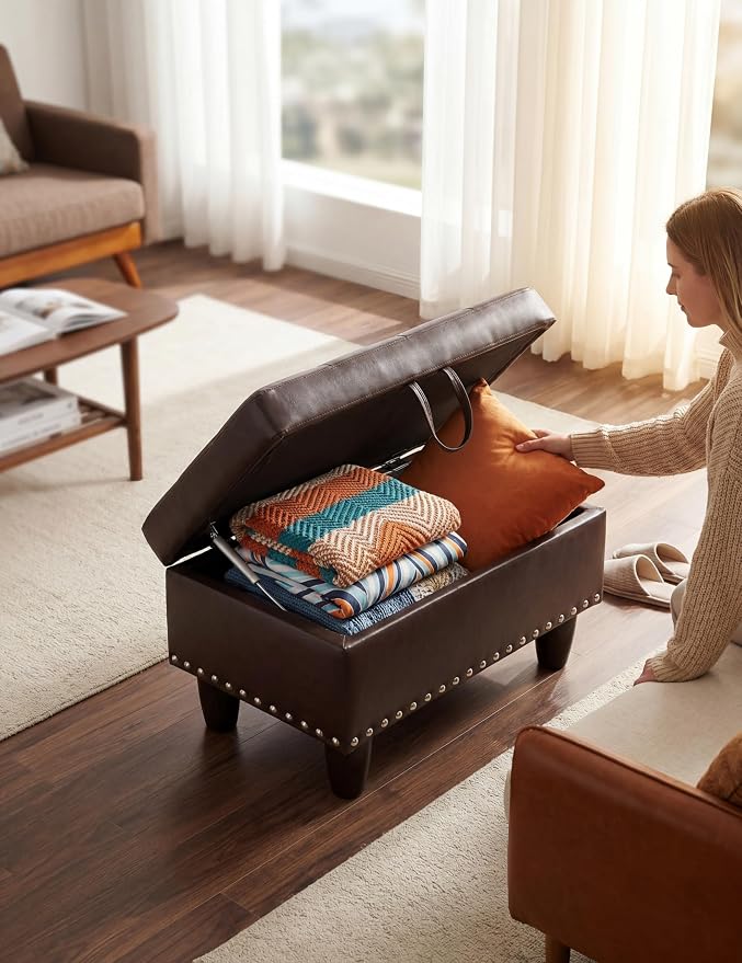 Ottoman with Storage, 28.5 inch Faux Leather Storage Ottoman with Padded Seat, Large Entryway Bench with Solid Wood Frame, Upholstered Sturdy Foot Rest for Living Room, Bedroom, Entryway