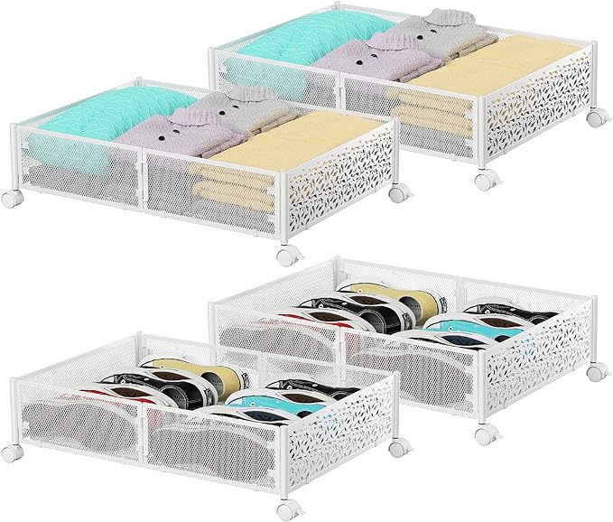 PHINOX Under Bed Storage with Wheels,Patterned,Sturdy Metal,4 Pack,White | Tool-free assembly, glide smoothly, easy reach, foldable, maxmazie low-profile beds, dorm, keep seasonal clothes, shoes fresh