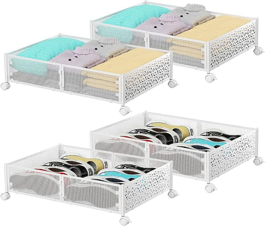 PHINOX Under Bed Storage with Wheels,Patterned,Sturdy Metal,4 Pack,White | Tool-free assembly, glide smoothly, easy reach, foldable, maxmazie low-profile beds, dorm, keep seasonal clothes, shoes fresh