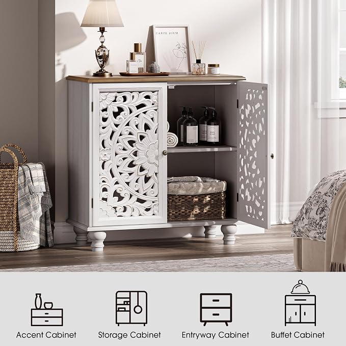 JOINICE 31" Accent Storage Cabinet with Carved Doors,Mandala White | Carved Floral Design, Solid Wood Legs, Boho/Farmhouse, Versatile Storage for Living Room & Bedroom & Hallway, Easy Assembly