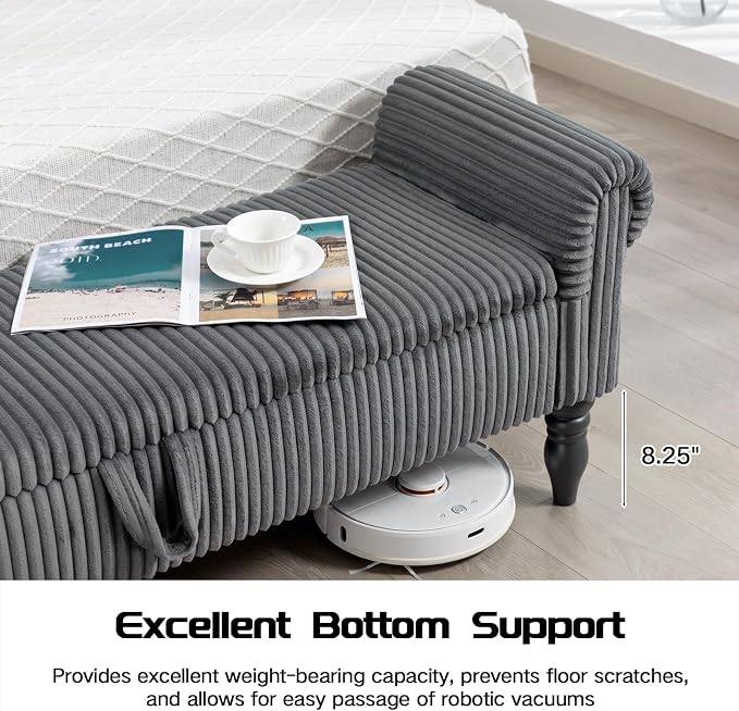 60" Storage Bench for Bedroom,End of Bed Bench with Storage | Corduroy King Size Bench with Rolled Arms,Storage Ottoman Benches for Living Room,Entryway,Benches for Foot of Bed,Dark Grey