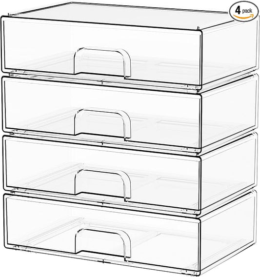 12.1''W Clear Stackable Storage Drawers,4Pcs Acrylic Drawer Organizer for Hair Accessories,Makeup Organizers,Plastic Office Supply Organizer for Pen,Pencil,Medicine,Accessory,Craft Organization