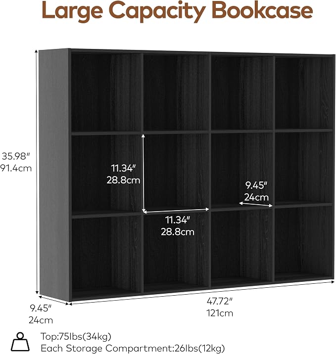 VDNEND Wooden Storage Organizer with Closed Back Panel, 11in Cube Shelf Opening, Bookshelf, Display Shelf,Closet Cabinet for Home and Office (Black, 12-Cube 35.98L*9.45W*47.72H)