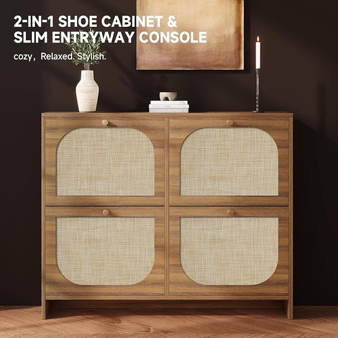 Rattan Shoe Cabinet for Entryway with 4 Flip Drawers, 9.5" Narrow Shoe Rack, Boho Slim Shoe Storage Organizer with Adjustable Shelves, Anti-Tip Safety, 9.5" D x 39.4" W x 35.5" H