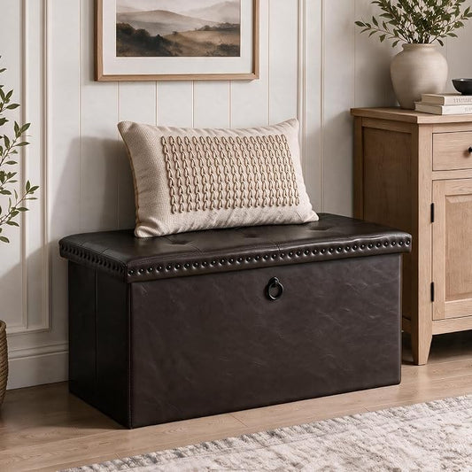 oakvivo 30 Inches Folding Storage Ottoman Bench, Ottoman PU Leather Tuffed End of Bed Bench, Foot Rest with Rivet Design, Ottoman with Storage for Living Room, Bedroom, Entryway, Coffee Brown