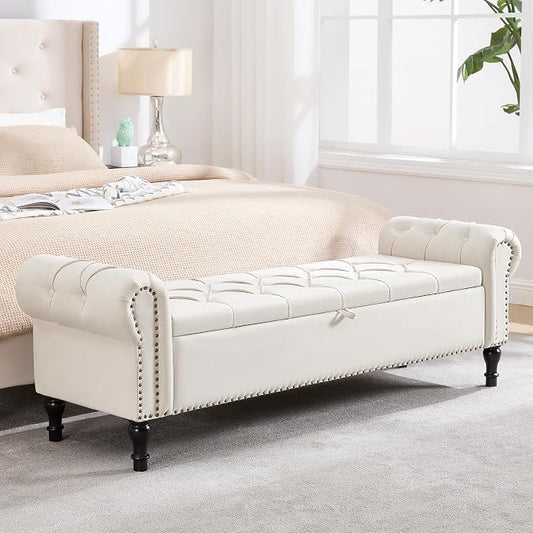 67 Inch Storage Bench for Bedroom, King Size End of Bed Bench, Upholstered Bench with Rolled Arms, Linen Tufted Button Storage Ottoman Benches, Living Room, Entryway, Cream Beige