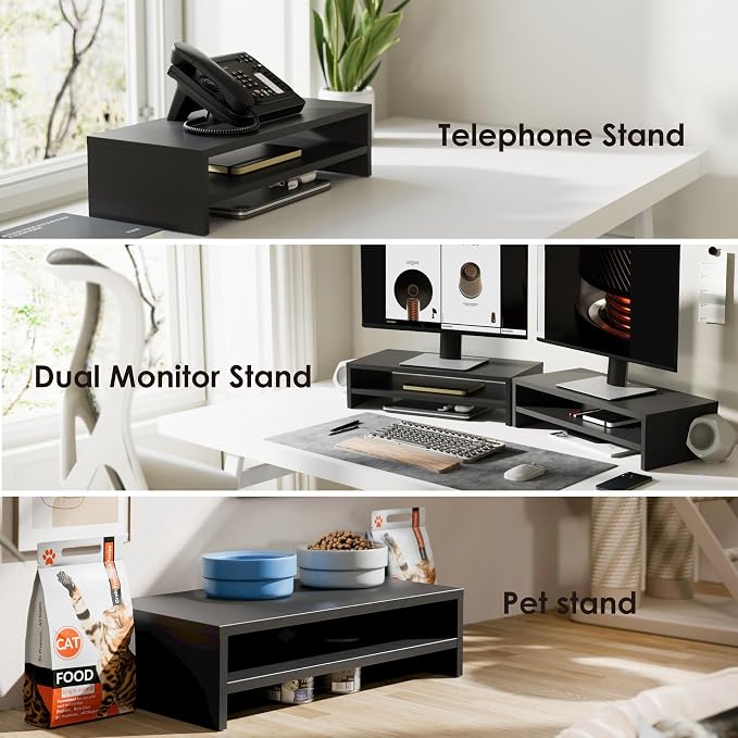 FITUEYES Wooden Monitor Stand Riser, 2-Tier Desk Storage Shelf, Black | 21.3-Inch Desktop Organizer Fits Laptop, Computer Screen and Office Supplies