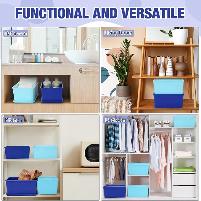 6 Pcs Storage Bins with Lids Small Plastic Storage Containers Stackable Storing Baskets Box Cute Organizer Bins for Organizing Shelves (Blue Series)