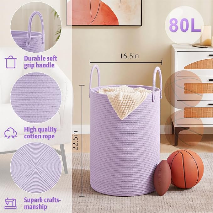 Artfeel Laundry Basket,Woven Cotton Rope Laundry Hamper,80L for Decorative Storage of Dirty Clothes,Toys and Blankets in Bathroom,Baby Room and Living Room