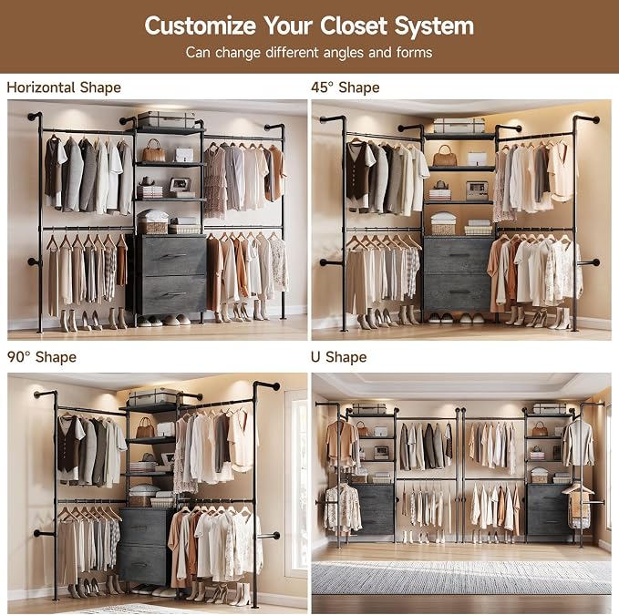 T3 Wall Mounted Industrial Pipe Closet Organizers Storage System | Metal Clothing Rack with 2 Drawers, 6 Wooden Shelves & 4 Expandable Rods, Heavy Duty Garment Rack, Wardrobe (Grey)