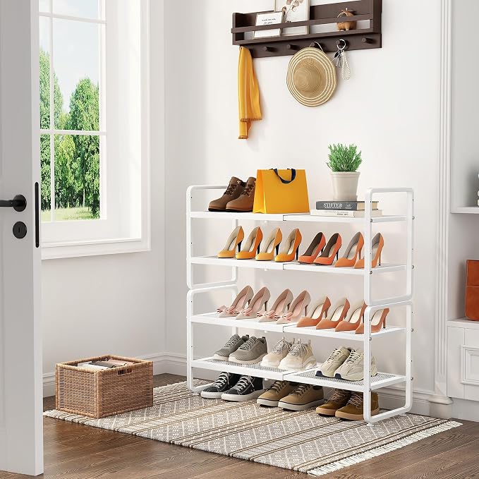 SNTD Shoe Rack - Expandable Shoe Organizer for Closet, Adjustable Metal Shoe Shelf Storage, Stackable Long Shoe Stand Holder for Garage, Entryway, Door Entrance (White, 4-Tier)