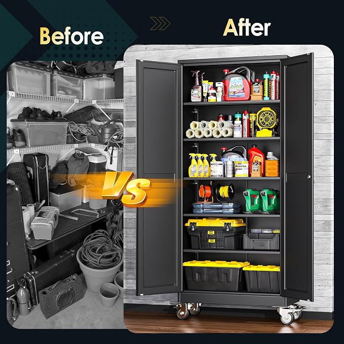 PAOFIN 75''H Metal Garage Storage Cabinet with Wheels,Steel File Cabinets with 2 Doors and 5 Adjustable Shelves for Home Office, Warehouse, Required Assembly,Black