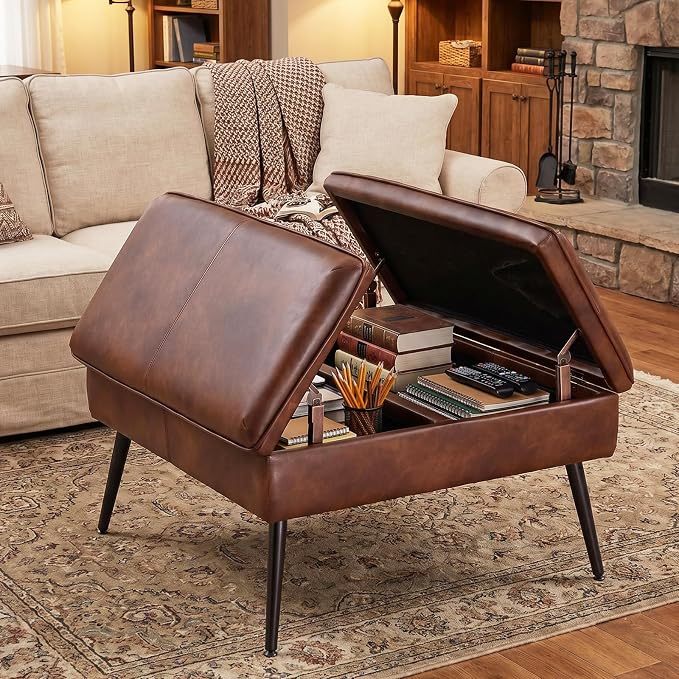 Square Ottoman with Storage Coffee Table Large Upholstered Green | Mid-Century Modern Ottoman w/ Double Flip-Lid Metal Legs Padded Seat for Living Room Bedroom, Velvet, Loads 660 lbs
