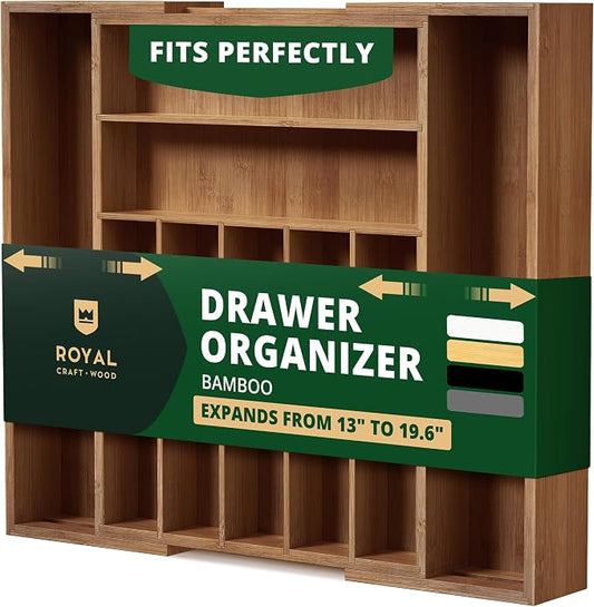 ROYAL CRAFT WOOD Luxury Bamboo Kitchen Drawer Organizer - Silverware Organizer - Utensil Holder and Cutlery Tray with Grooved Drawer Dividers for Flatware and Kitchen Utensils (9 Slot, Brown Bamboo)