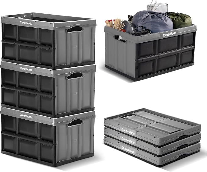 CleverMade Collapsible Storage Bins, 62L, 3 Pack, Ocean | Extra-large bins support 100 lb for groceries, tools, and gear. They stack securely and fold to 2.75 inches for storage.