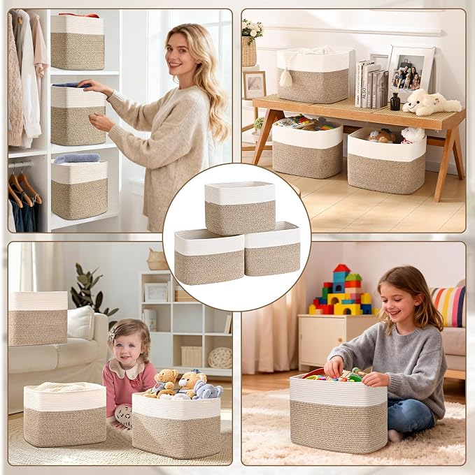 3 Pack Cube Storage Bin, 17”x12”x12” Cotton Rope Woven Baskets for Organizing Toys Clothes Towels, Square Gift Storage Baskets for Shelves, Nursery, Closet, Bathroom, Pantry (White & Jute)