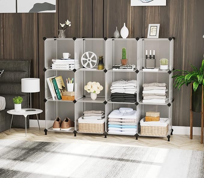 AWTATOS Closet Organizer, 12 Cube Storage Organizer, Translucent | Portable Closet Organizers, DIY Stackable Storage Cubes Shelves Bookshelf, Plastic Clothes Shelving for Home, Bedroom