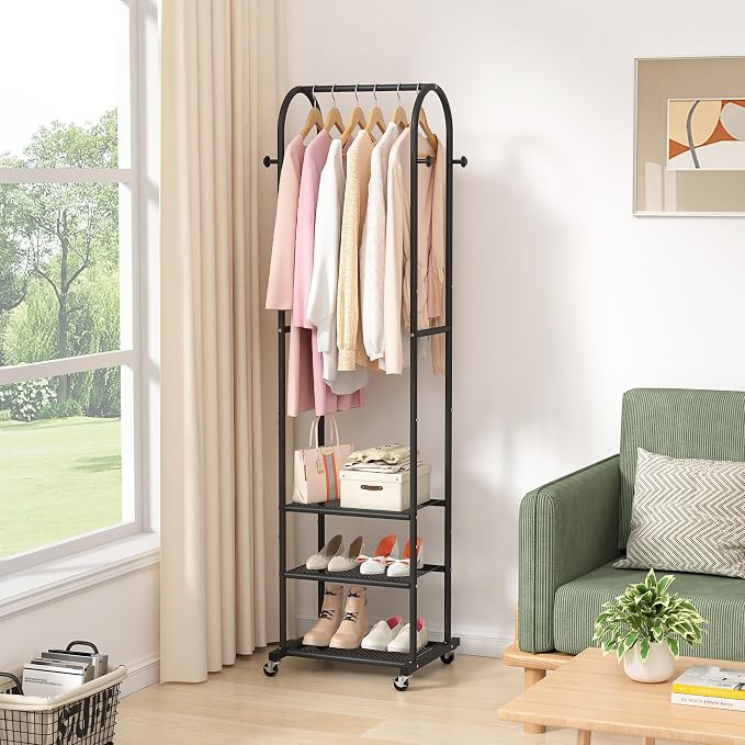 Kaitiemoo Clothing Rack, Mobile Garment Rack with Wheels & 3 Shelves, Blak | Heavy Duty Frame, Fits Small Spaces, 71.8 Inches Display Rack, Easy to install, Black clothes rack