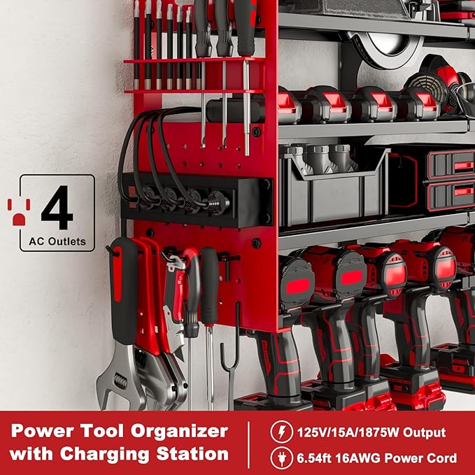 Power Tool Organizer Wall Mount, 12-Drill 4-Tier Charging Station, Red | Heavy-duty 4-Tier Metal Rack Stores 12 Drills; Side Pegboards and Screwdriver Slots Add Storage, Plus a 4-Outlet Power Strip