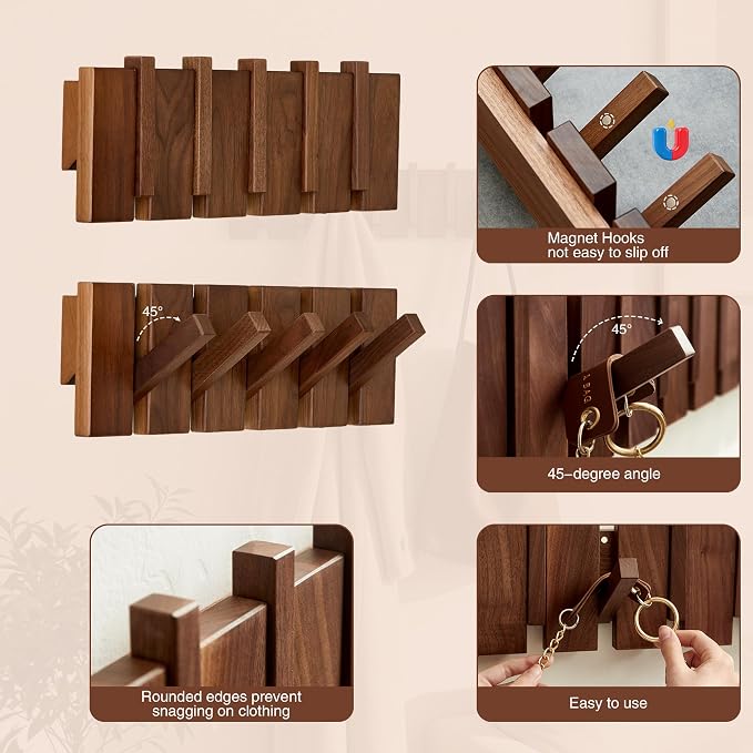 Wood Coat Rack Wall Mount - Large Walnut Piano Coat Rack wtih 5 Hooks for Hanging Clothes,Keys,Robes,Purse,Towels,Modern Decorative Wall hooks Heavy Duty Hanger Organizer for Bathroom/Bedroom/Entryway