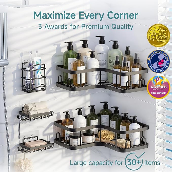 Veken Large Capacity Corner Shower Caddy 5-Pack, Advanced Rustproof Design | No Drilling Adhesive Shelves, Rack with Soap Holder & Hooks, Thickened Metal Frame, Bathroom Organizers and Storage, Black