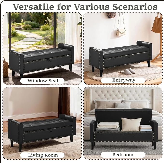 47'' Leather Storage Ottoman Bench, End of Bed Storage Bench with Wooden Legs, Upholstered Tufted Ottoman with Storage for Bedroom, Living Room, Entryway, Black