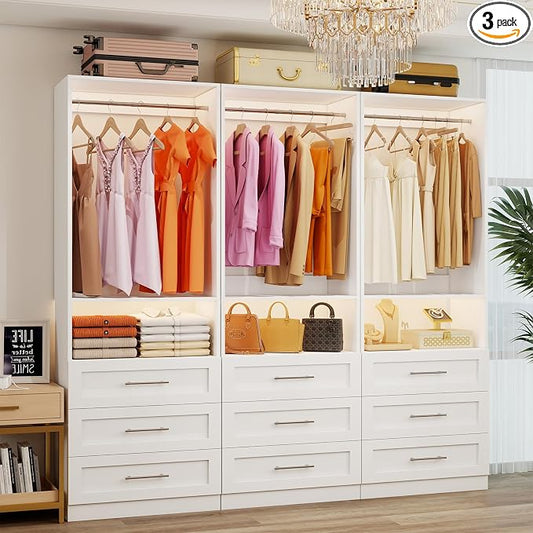 Closet System with 3 Sets, 6FT-15FT Customizable Closet Organizer System with 9 Drawers & 3 Shelves & 6 Hanging Rods, Modular L-Shaped Walk-in Closet or Freestanding Tower Closet Storage System, White
