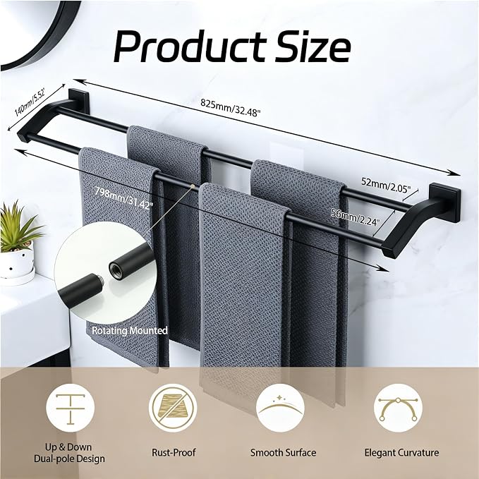 Alise Double Towel Bar,32" Towel Rack for Bathroom Wall Mounted,Matte Black | SUS304 Stainless Steel Bathroom Towel Holder, Quick Drying Towel Hanger Towel Rod, Useable Length 30.8"