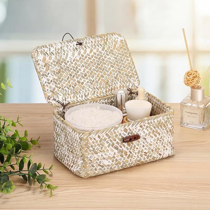 Hipiwe Mini Seagrass Shelf Basket with Lid Decorative Woven Box, 7x4.3x3.3" | Wicker Storage Bins for Shelf Home Decor, Multipurpose Desktop Basket Organizer for Keys Remote Control, Whitewash