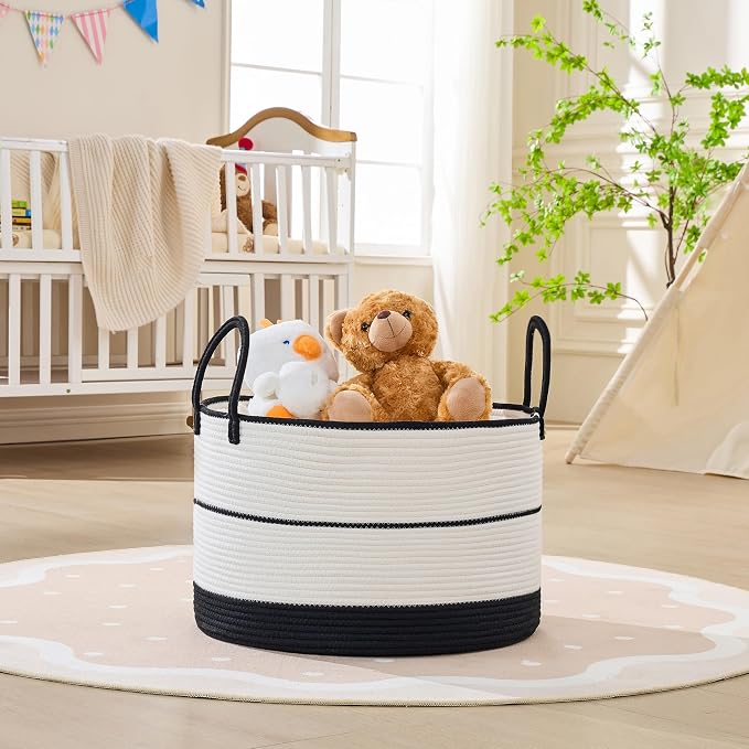 KAKAMAY Large Blanket Basket with Handles, Storage Basket for Living Room | Extra Large Capacity | Natural Cotton Rope | Blanket Storage | Woven Storage Basket | Stuffed Animal Storage | Laundry Basket