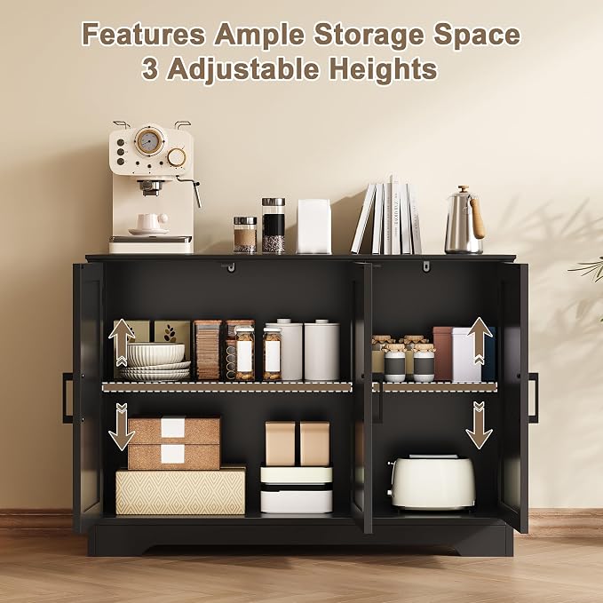 ChooChoo Modern Sideboard Buffet Cabinet with Adjustable Shelves | Coffee Bar Storage Cabinet, 3 Doors, for Kitchen, Dining Room, Living Room, Black