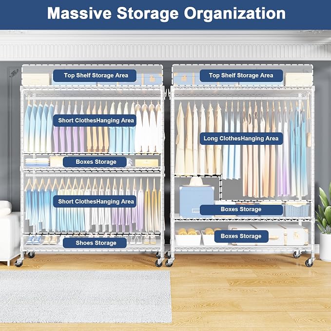 ULIFHOME P8C Max Heavy Duty Clothes Rack（With Extended Width Design） Rolling Clothing Racks for Hanging Clothes with Lockable Wheels，51.2"W x 15.8"D x 80.5"H，Load 800LBS，White Rack with Black Cover