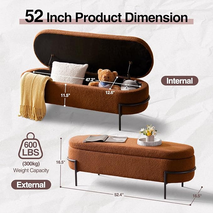 FiveWillowise 52 Inch Sherpa Storage Ottoman Bench,End of Bed Bench | Upholstered Boucle Storage Bench with Storage,Metal Stand and Hinges,Oval Ottomans for Living Room,Bedroom,Brown