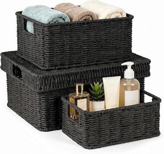 Wicker Storage Basket with Lid for Shelves, 3-Basket Set, Black | One rectangular wicker basket with lid and two open baskets for decorative shelf storage; removable lid flips into a tray.