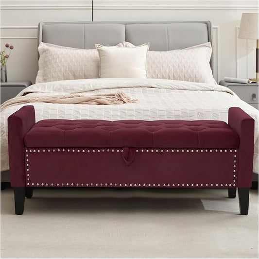 Storage Ottoman Bench, Velvet Upholstered Footstool for Bedroom and Living Room, Frosted Flannel Seat with Storage, Wooden Legs & Metal Rivets, Purple