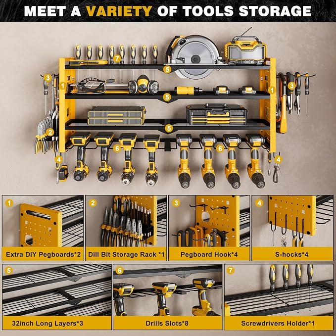 NattyDot Power Tool Drill Holder Wall Mount, 4Tier Garage Organizer, Yellow | 4-tier Utility Rack Stores 8 Cordless Drills, Batteries and Accessories while Freeing Extra Garage Wall Storage Space