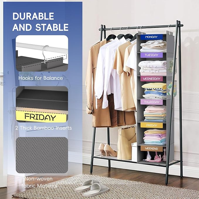 Weekly Hanging Closet Organizer for Kids, 6-Shelf Clothes Storage with Labeled Days of The Week Monday Through Friday, Weekday and Weekend, Days of The Week Clothes Organizer