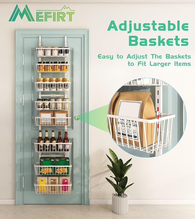 Mefirt White 12 Inch Wide Narrow Over The Door Pantry Organizer | Pantry Hanging Organizers and Storage, Adjustable Heavy-Duty Metal for Home & Kitchen, Back of Door Seasoning Rack