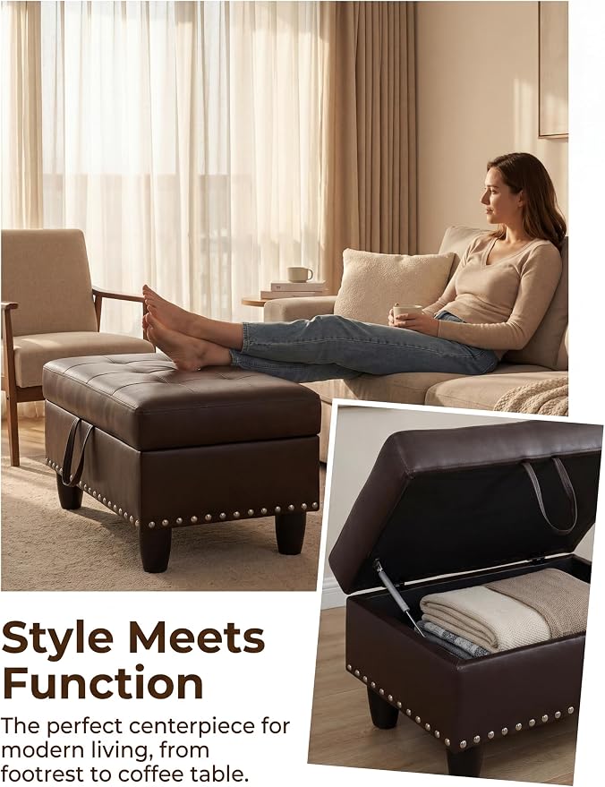 Ottoman with Storage, 28.5 inch Faux Leather Storage Ottoman with Padded Seat, Large Entryway Bench with Solid Wood Frame, Upholstered Sturdy Foot Rest for Living Room, Bedroom, Entryway