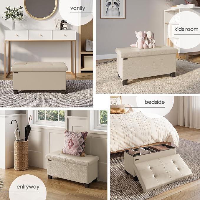Storage Ottoman Bench with Bins, 30-in Storage Bench for Bedroom End of Bed, Folding Foot Rest Ottoman for Living Room Max 660lbs, Leather Ottomans, Beige