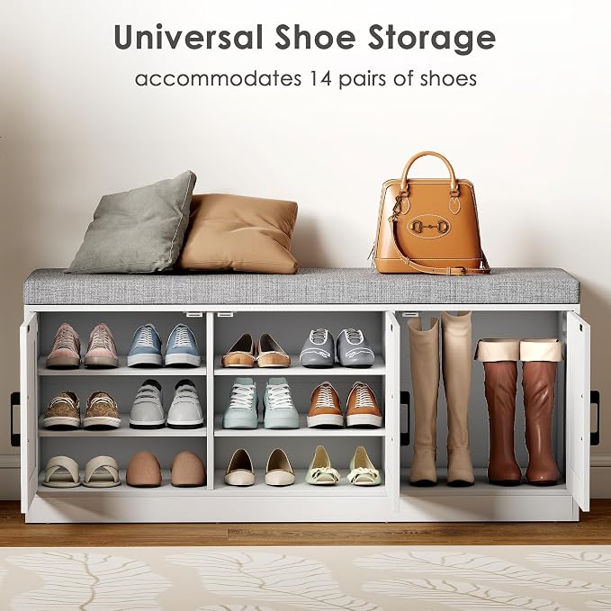 3-Tier Shoe Storage Bench with Adjustable Shelf, Large Capacity Entryway Shoe Bench with Thickened Padded Seat Cushion and 3 Doors for Entry, Bedroom, Hallway (White,42.5 * 14in)