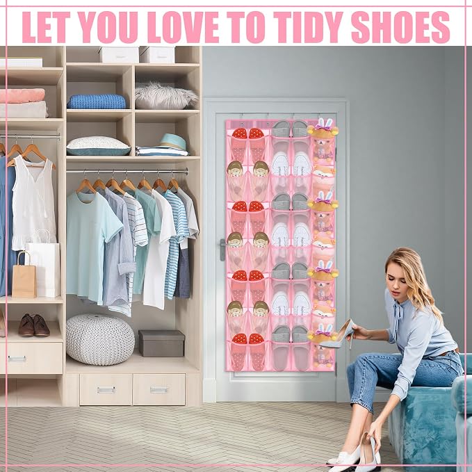 Windyun 2 Pcs 40 Pocket Over The Door Shoe Organizer Large Breathable Mesh Hanging Shoe Rack for Closet Space Saving Shoes Storage Holder Hanger for Dorm Room Bathroom Bedroom Entryway (Pink)