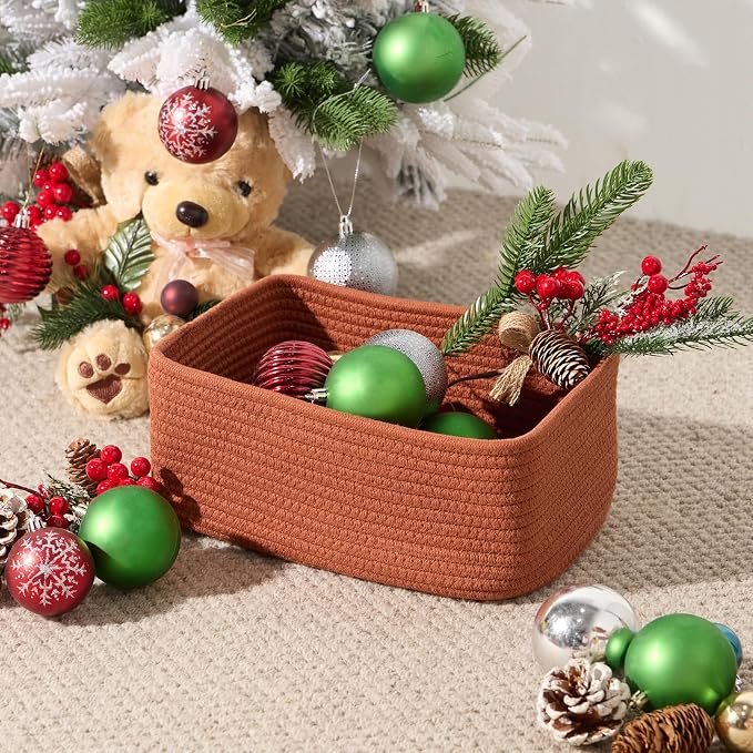 MiniArk Small Storage Baskets for Organizing | Closet Organizer Bins | Shelf Toy Basket | Woven Rope Baskets | Cube Decorative Box | Shallow Basket | 11.5x7.5x4.7” | 3 Packs Oxide Red